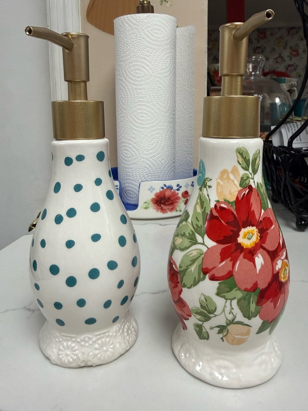 Decorative Ceramic Soap Dispenser - Floral & Teal Dot Set